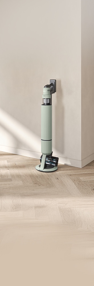 A Bespoke Dishwasher, Bespoke Refrigerator, Bespoke Cooking, Bespoke Laundry, and Bespoke robot cleaner are set up in a sunlit room, all connected to SmartThings.