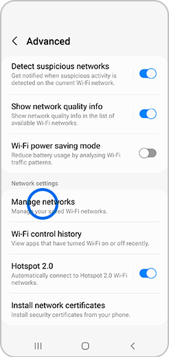Manage networks highlighted on a list of Wi-Fi options.