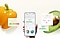 Paprika and avocado are in the background. In the middle, a hand is holding a smartphone with Food feature onscreen. Different metabolic health-related feature GUIs can be seen on each side, such as AGEs index, blood sugar level and calorie intake.