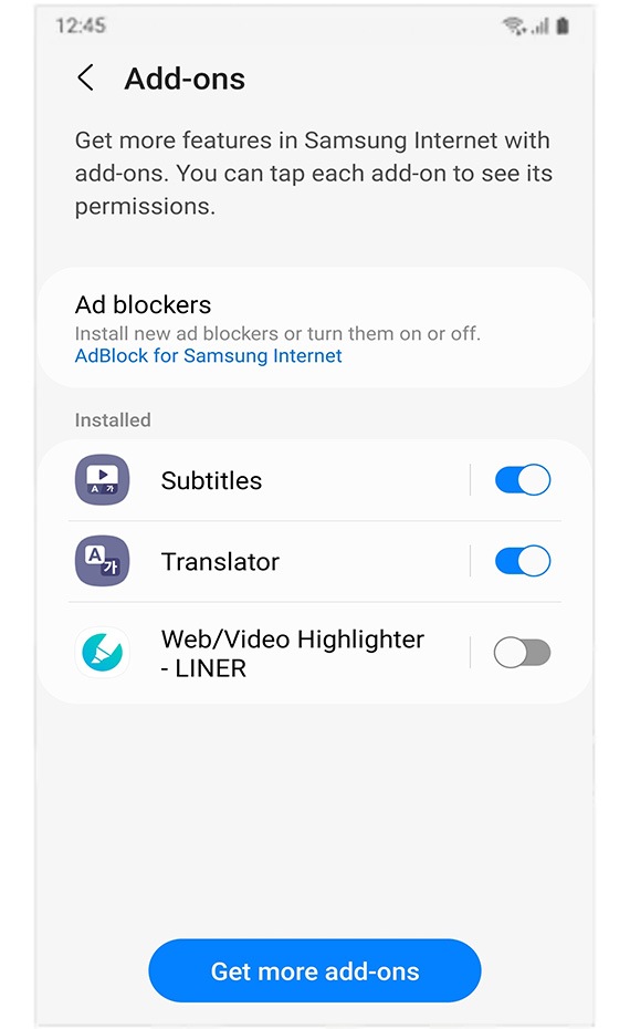 Samsung Internet Extension Add-ons GUI is shown.