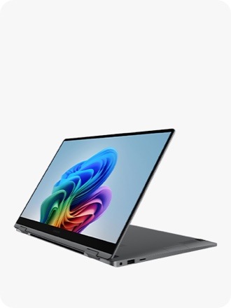 Galaxy Book5 360 in Gray is folded back, facing left with a colorful wallpaper onscreen.