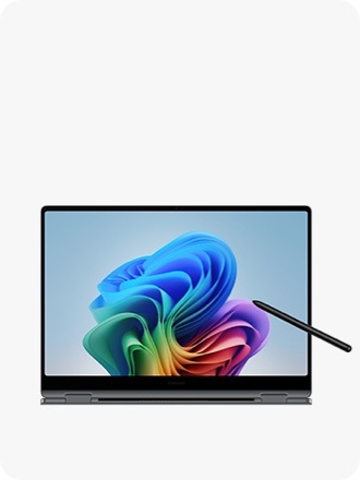 Galaxy Book5 Pro 360 in Gray is folded back, facing forward with a black wallpaper onscreen and S Pen touching the screen.