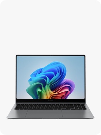 Galaxy Book5 Pro in Gray is open, facing forward with a colorful wallpaper onscreen.