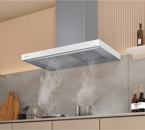 Active Range Hood Funneling Steam from Cooktop