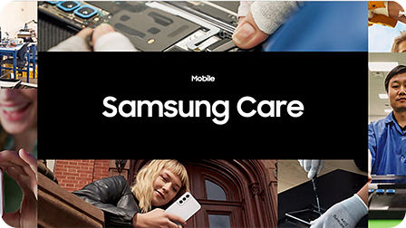 Samsung Care logo in a black box over images of customers on their Galaxy devices