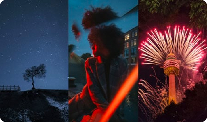 We see three images next to each other - a  tree at night against the stars, a woman sitting ona. Stoop at night and fireworks against a building at night.
