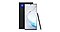 Rearview and front-facing product shots of two Galaxy Note10+ smartphones in Aura Black, slightly overlapping each other. A black S Pen is leaning against the right edge of the front-facing Galaxy Note10+. There are white, blue and aqua patterns on display.