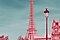 Light pink and blue illustration of Paris skyline with Eiffel Tower.