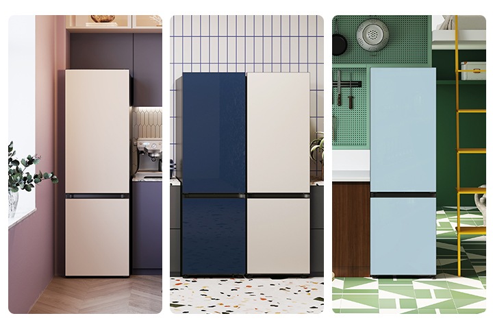 Samsung BESPOKE refrigerators are shown in three different kitchens. The cream colored fridge is in a purple kitchen, the double door BESPOKE fridge (blue on the left and white on the right) is in a white kitchen, and the light blue BESPOKE fridge is in a green kitchen.