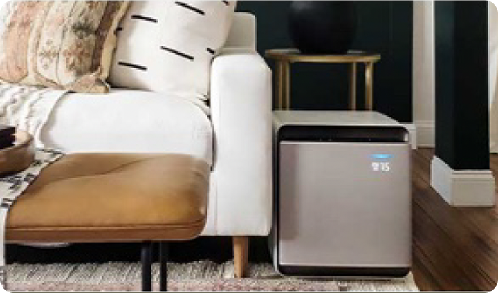 Three images — a woman reads a book on a couch near her Bespoke Air Purifier; a Samsung Air Dresser In a closet; a woman uses a Samsung Jet on her living room floors.