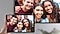A group photo on a handheld device is shown mirrored on a TV screen.