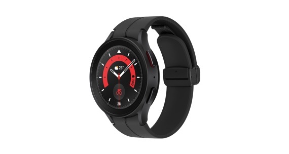 Three-quarter view of a Black Titanium Galaxy Watch5 Pro with red design details on the face.