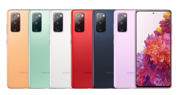 Rearview product shots of Galaxy S20 FE 5G phones in Cloud Orange, Cloud Mint, Cloud White, Cloud Red, Cloud Navy and Cloud Lavender. The last phone is front-facing to reveal multi-colored red, orange and purple flowers on display.