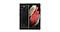 Rearview product shot of a black rear-facing and front-facing Galaxy S21 Ultra 5G, which has multi-coloured shapes on display.