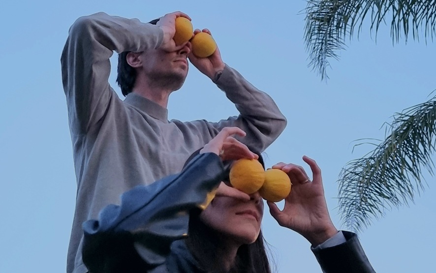 A man stands behind a woman while the sky serves as their backdrop. They are both holding golden apples up to their eyes with two hands. A couple of leaf fronds are creeping into the photo.