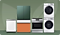 Samsung efficienct appliances lined up next to each other: A dish washer, fridge, range and stacked laundry.