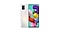 Frontal and rear product shot of a silver Galaxy A51 with multicolored stuffed animals on display