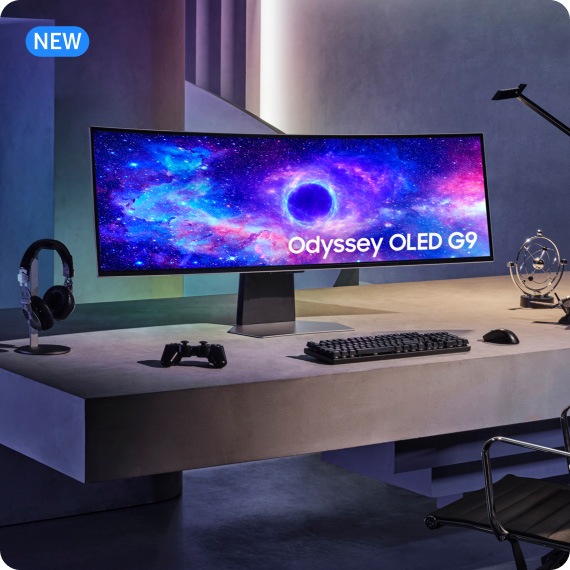 A lifestyle product shot of the Odyssey G9 widescreen gaming monitor.