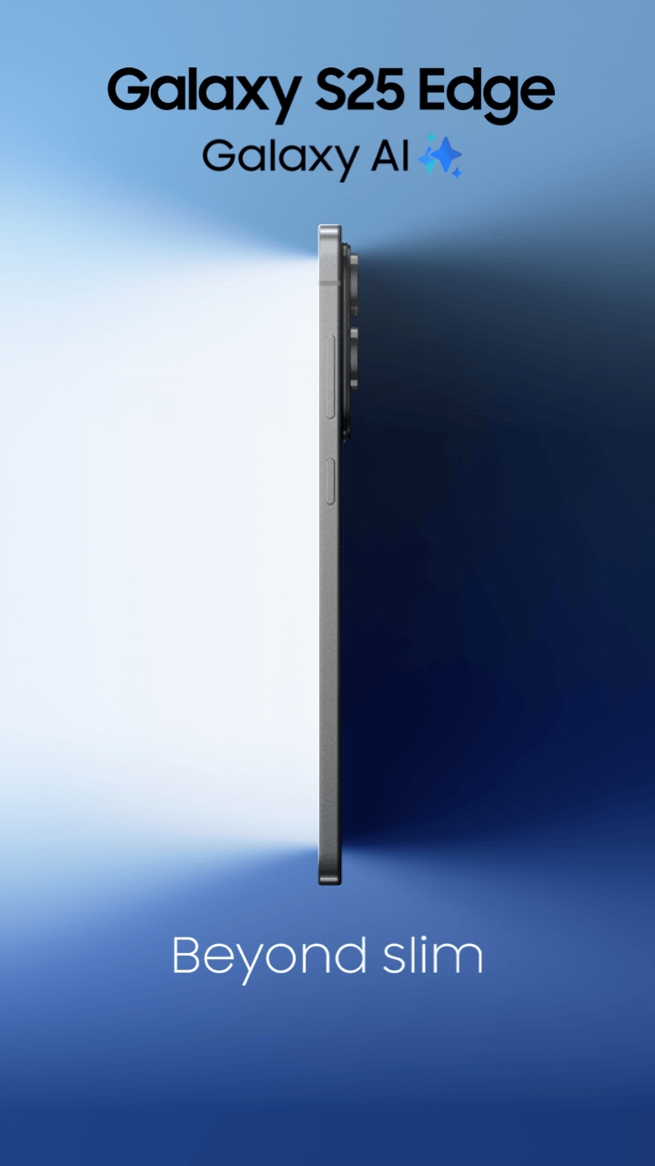 A product shot of the Galaxy S25 Edge, featuring a close-up on the rear camera modules.