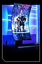 An Odyssey Ark monitor is placed on a desk. Its screen is pivoted fully vertical and on the screen shows an outer space scene with an astronaut in a spacesuit who is kneeling down on one knee. The astronaut has one hand on the ground with the face down towards it. The wall behind the monitor is lit up with blue neon lights, giving a cyber look and feel.