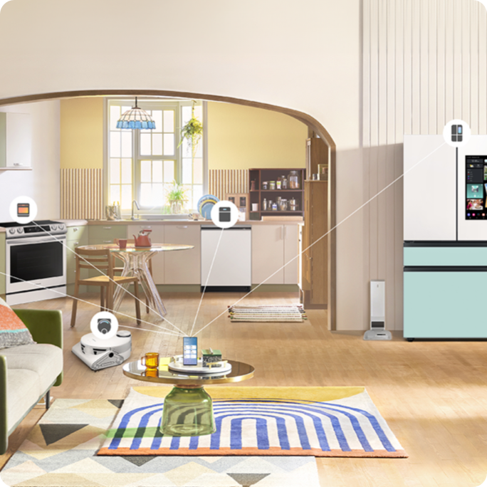 Bespoke 4-Door French Door Refrigerator in White Glass and Morning Blue Glass in a home depicting SmartThings connectivity