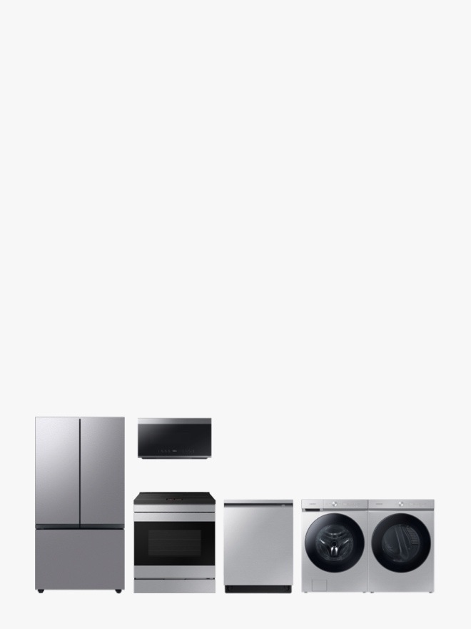 Lineup of Samsung 3-Door Refrigerator, Over-the-Range Microwave, Range, Dishwasher, Washer and Dryer in Stainless Steel