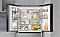 Interior view of Samsung French Door Refrigerator with doors open and food on the shelves