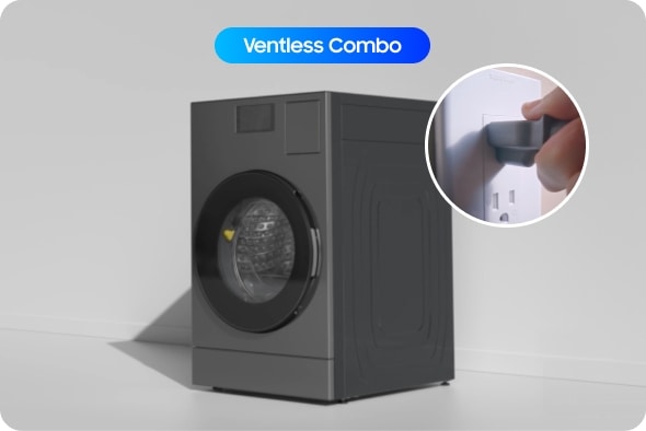 Bespoke AI Laundry Ventless Combo™ in Dark Steel with an inset view of 120V outlet and Ventless Combo graphic