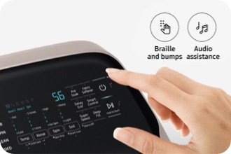 Person using smart accessibility features on Samsung washing machine