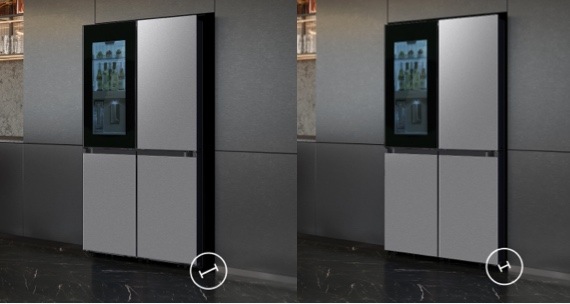 Split screen of two 4-Door Flex™ Refrigerators in different depths in a kitchen with gray cabinets and small depth graphic