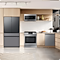 Samsung Bespoke 4-Door French Door Refrigerator in Matte Black Steel and Stainless Steel in kitchen with light wood cabinets