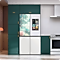 Samsung Bespoke 4-Door Refrigerator w/Family Hub™ in White Glass and MyBespoke custom panel in a kitchen with green cabinets