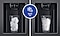 Split screen of Samsung refrigerator ice dispensers with cubed ice and crushed ice in glasses and Quick Ice icon