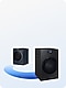 Black Samsung front load washer with blue swirl leading to Bespoke AI Laundry Combo™ in Brushed Black