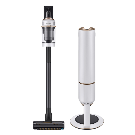 White Samsung Bespoke Jet stick vacuum with cleaning station