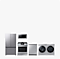 Appliance Package Showing Matte Stainless Steel Refrigerator, Microwave, Oven Range, Dishwasher & Washer Dryer