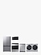 Lineup of Samsung 3-Door Refrigerator, Over-the-Range Microwave, Range, Dishwasher, Washer and Dryer in Stainless Steel