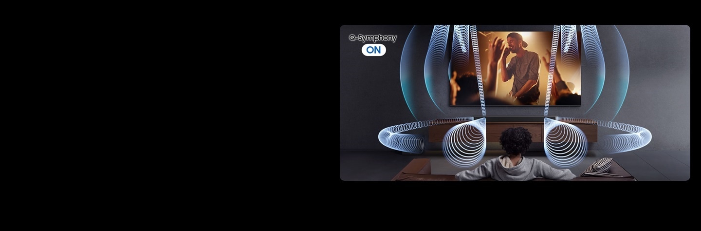 Man watching TV on living room with soundwaves displayed throughout the room