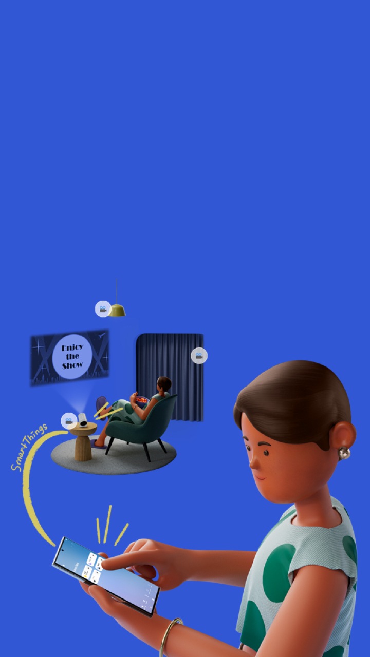Woman tapping on a smartphone to use SmartThings to set the mood for a movie night. Movie icons are next to smart devices like The Freestyle, curtains, air conditioner and lighting that can be set to movie mode through Samsung SmartThings.