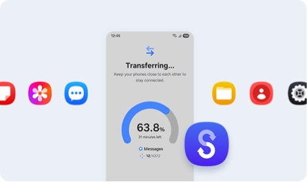A smartphone displaying a data transfer process. Around the phone are colorful app icons and a Smart Switch logo.
