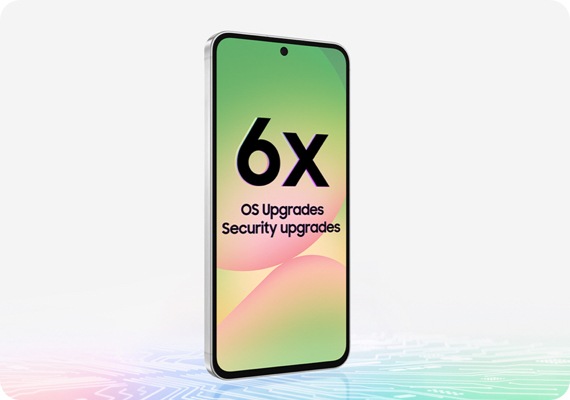 Galaxy A56 5G in a slightly tilted front view. Text 6x OS Upgrades and Security upgrades is onscreen. Chipset-like design is at the bottom.