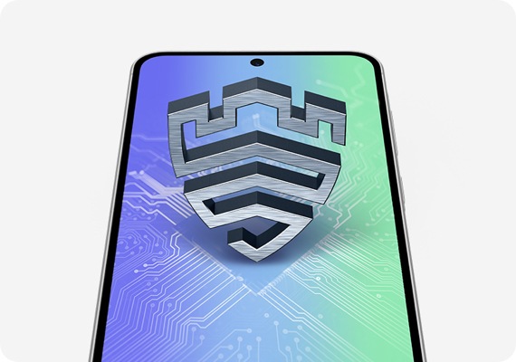 Galaxy A56 5G placed vertically facing the front, slightly tilted. Samsung Knox Vault icon is standing upright on the screen. Display illustrates the inside of a smartphone with a processor in the middle.