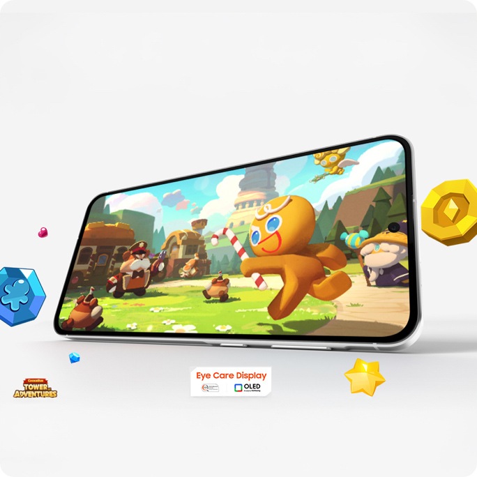 Galaxy A56 5G placed horizontally. CookieRun: Tower of Adventures is onscreen. Game items are randomly placed outside of the screen. Text Eye Care Display, SGS performance mark and OLED technology logo are at the bottom. CookieRun: Tower of Adventures logo is at the bottom.