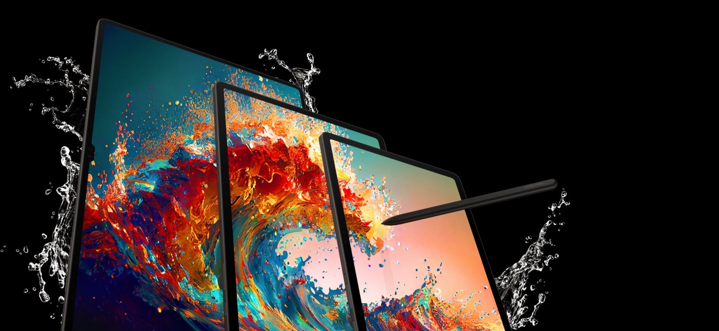 Galaxy Tab S9, S9+ and S9 Ultra are lined up next to each other in Portrait mode with a colorful wave wallpaper on all screens. Splashes of water are surrounding the three devices and an S Pen is pointed at the screen of Galaxy Tab S9.