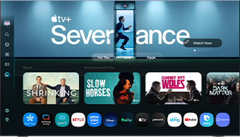 A TV screen displays apps, services and streaming options available with Samsung One UI Tizen.