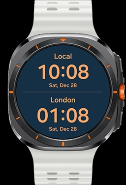 A lineup of four Galaxy Watch Ultras with different Marine Bands and One UI watch faces.