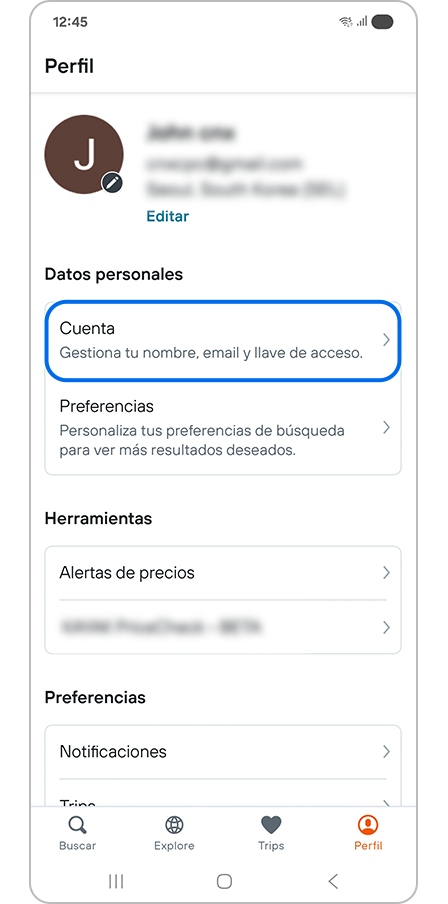 Opción de Cuenta en la configuración del perfil