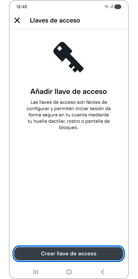 Pantalla de selección de crear llave de acceso