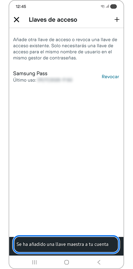 El registro de la llave de acceso se ha completado