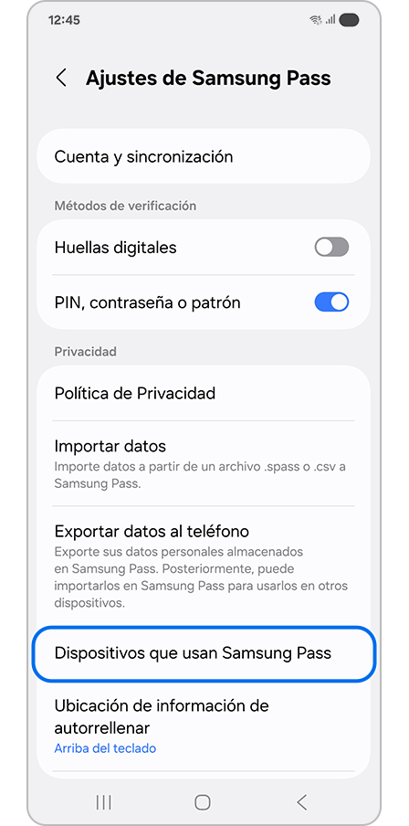 Tocar Dispositivos que usan Samsung Pass